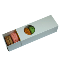 Long Macaron Box with round clear plastic window slide over - Gloss White Paperboard (285gsm)